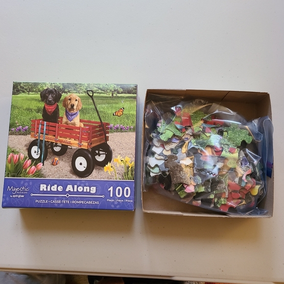 Ride Along ~ Black & Yellow Labrador Dogs In Red Wagon Butterfly Puzzle 100 Pcs. - Picture 4 of 5